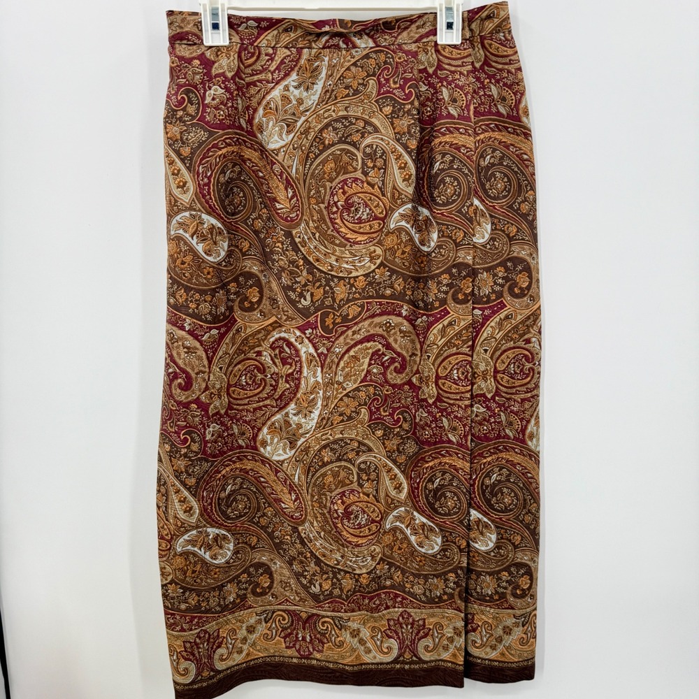 Vtg Talbots Y2K 100% Silk Paisley Midi Skirt Earthy Natural Fibers Dark Academia